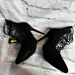 Jacobies Women’s Black Strappy Caged Pointed Toe Stiletto Zip High Heels Size 8